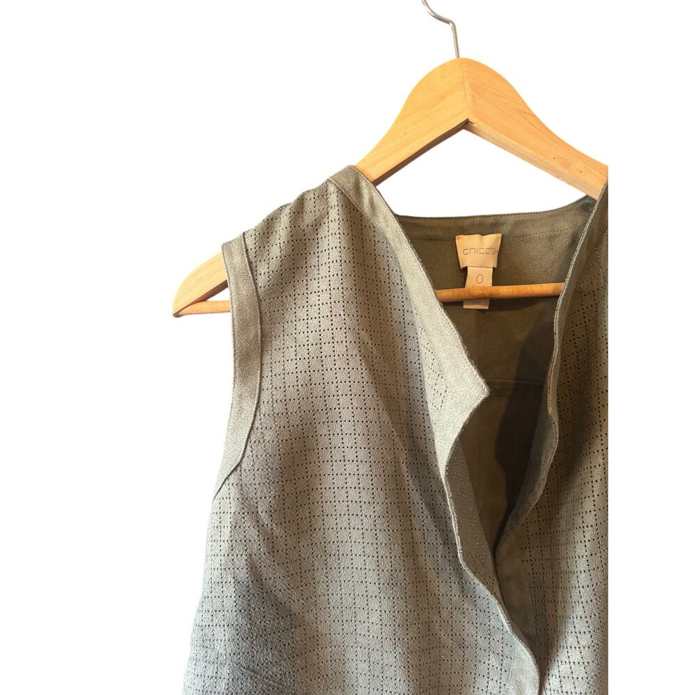 Chico's | Olive Green Faux Suede Moto Perforated Waterfall Vest  | Size Small